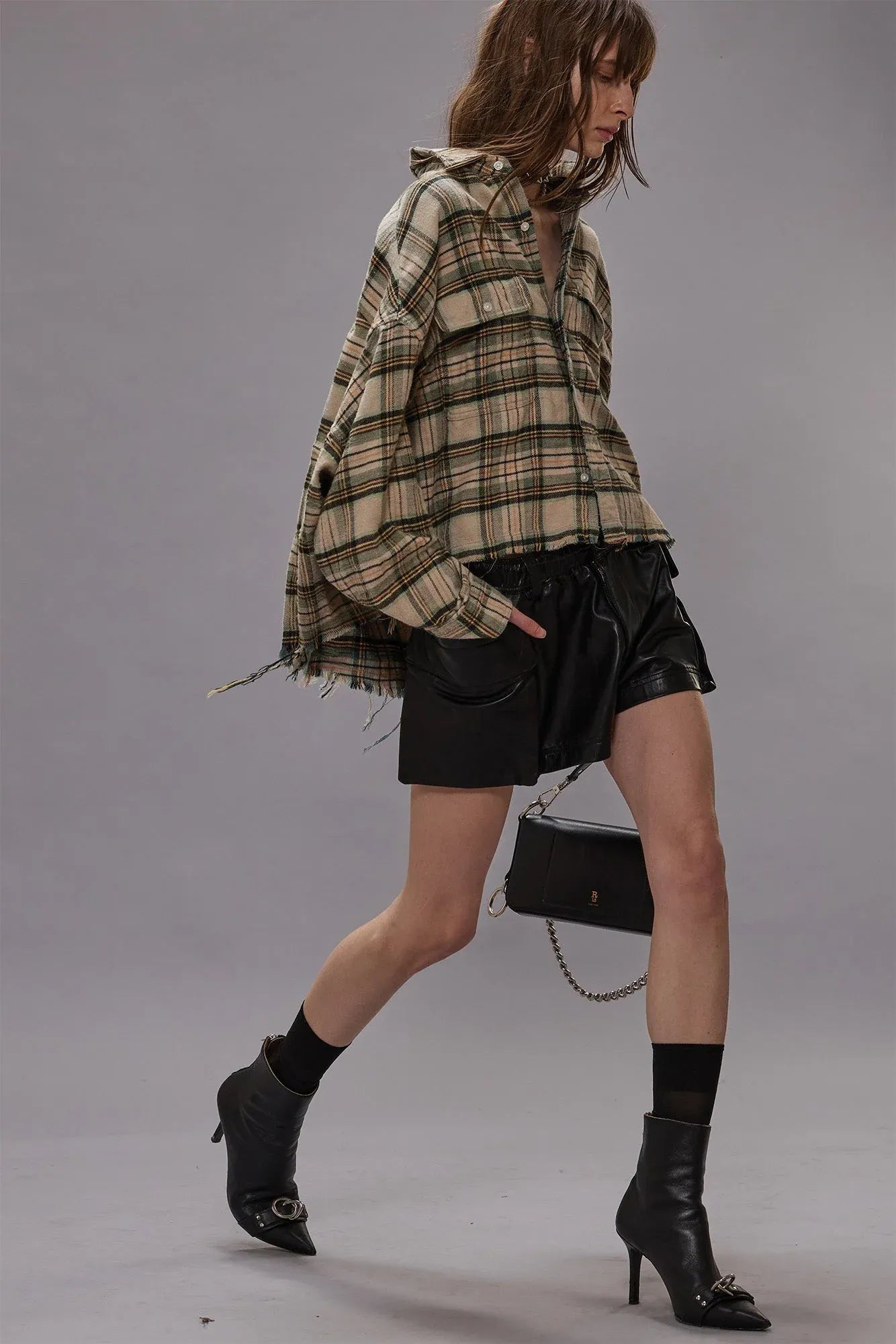 Shirt Cropped Work in Cream/Turquoise Plaid