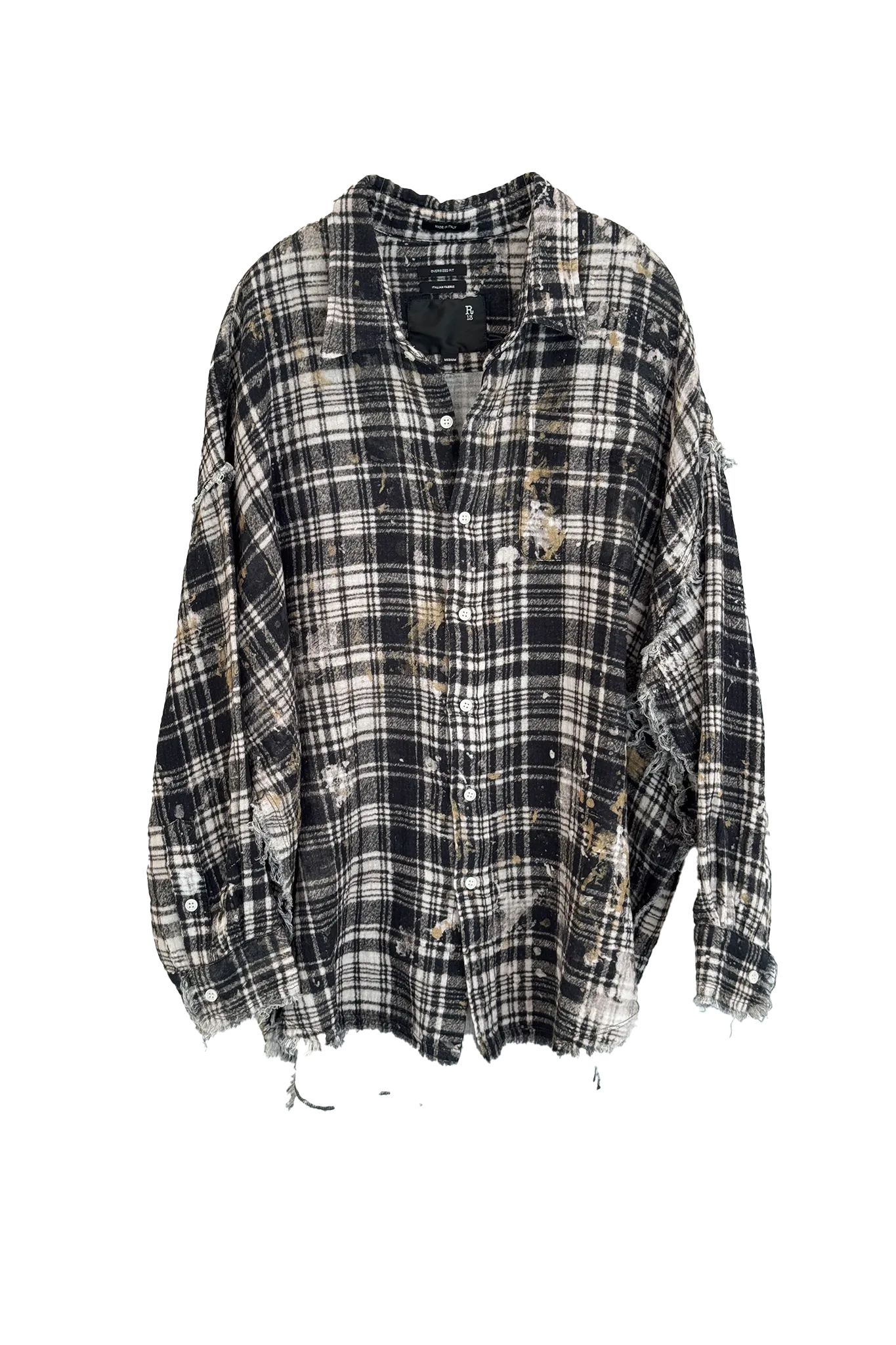 Shirt Shredded Seam Drop Neck in Black Plaid with Splatter