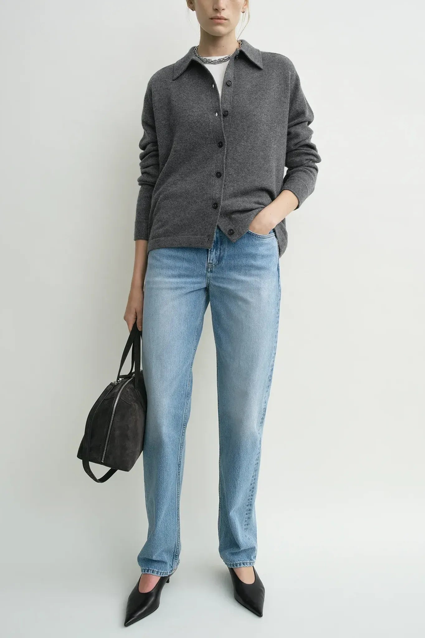 Cashmere Cardigan Raglan-Sleeve in Dark Grey Melange