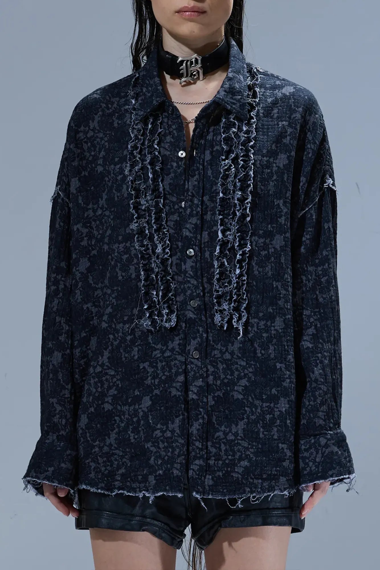 Shirt Shredded Seam Ruffle in Black Lace
