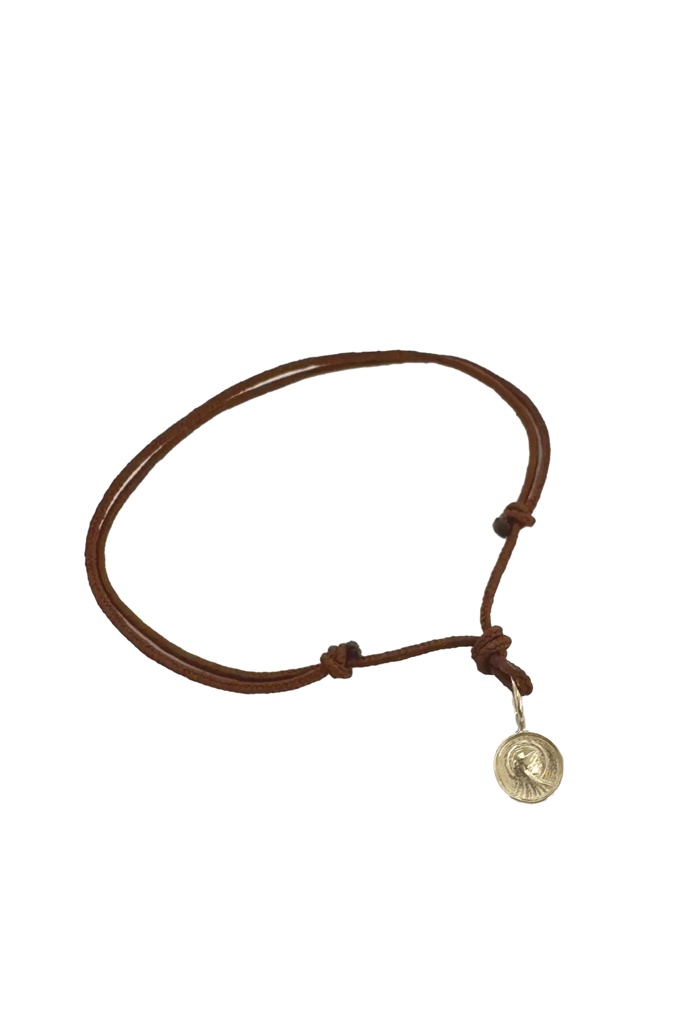 Armband „Madone“ Anhänger in Gold 9K mit braunem Lederband