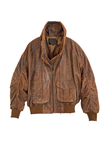 Bomberjacke Leather Shirred Oversized in Brown