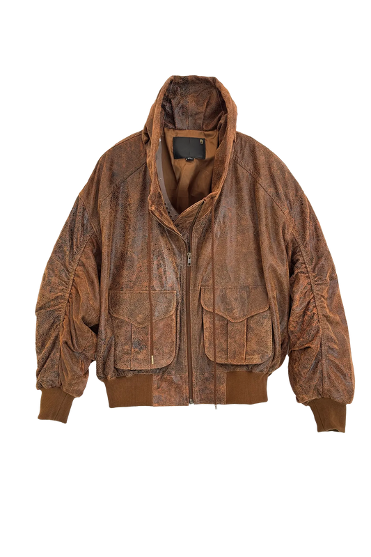 Bomberjacke Leather Shirred Oversized in Brown