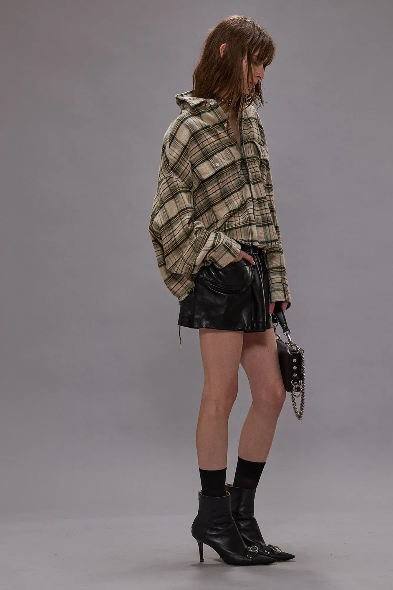 Shirt Cropped Work in Cream/Turquoise Plaid