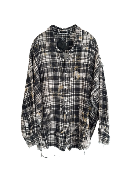 Shirt Shredded Seam Drop Neck in Black Plaid with Splatter