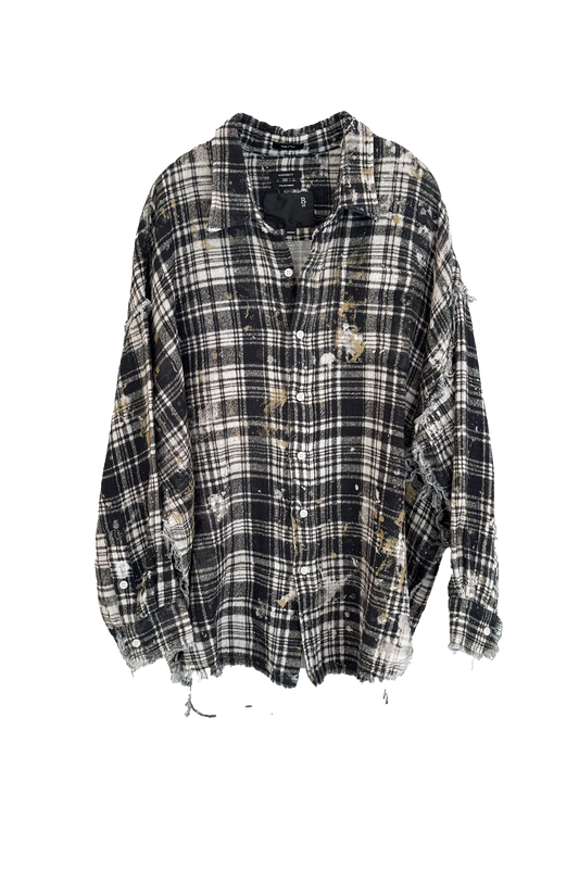 Shirt Shredded Seam Drop Neck in Black Plaid with Splatter