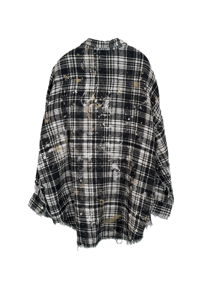 Shirt Shredded Seam Drop Neck in Black Plaid with Splatter