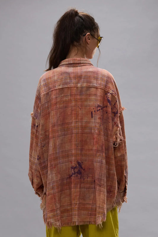 Shirt Shredded Seam Drop Neck in Overdyed Orange Purple Plaid