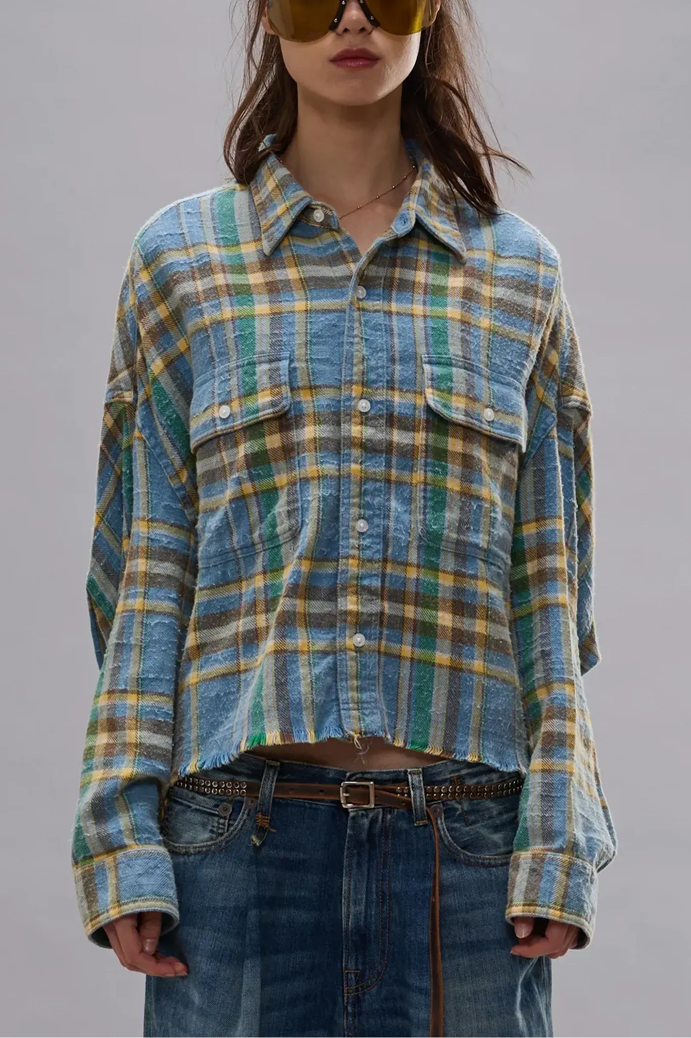 Shirt Cropped Work in Light Blue Plaid