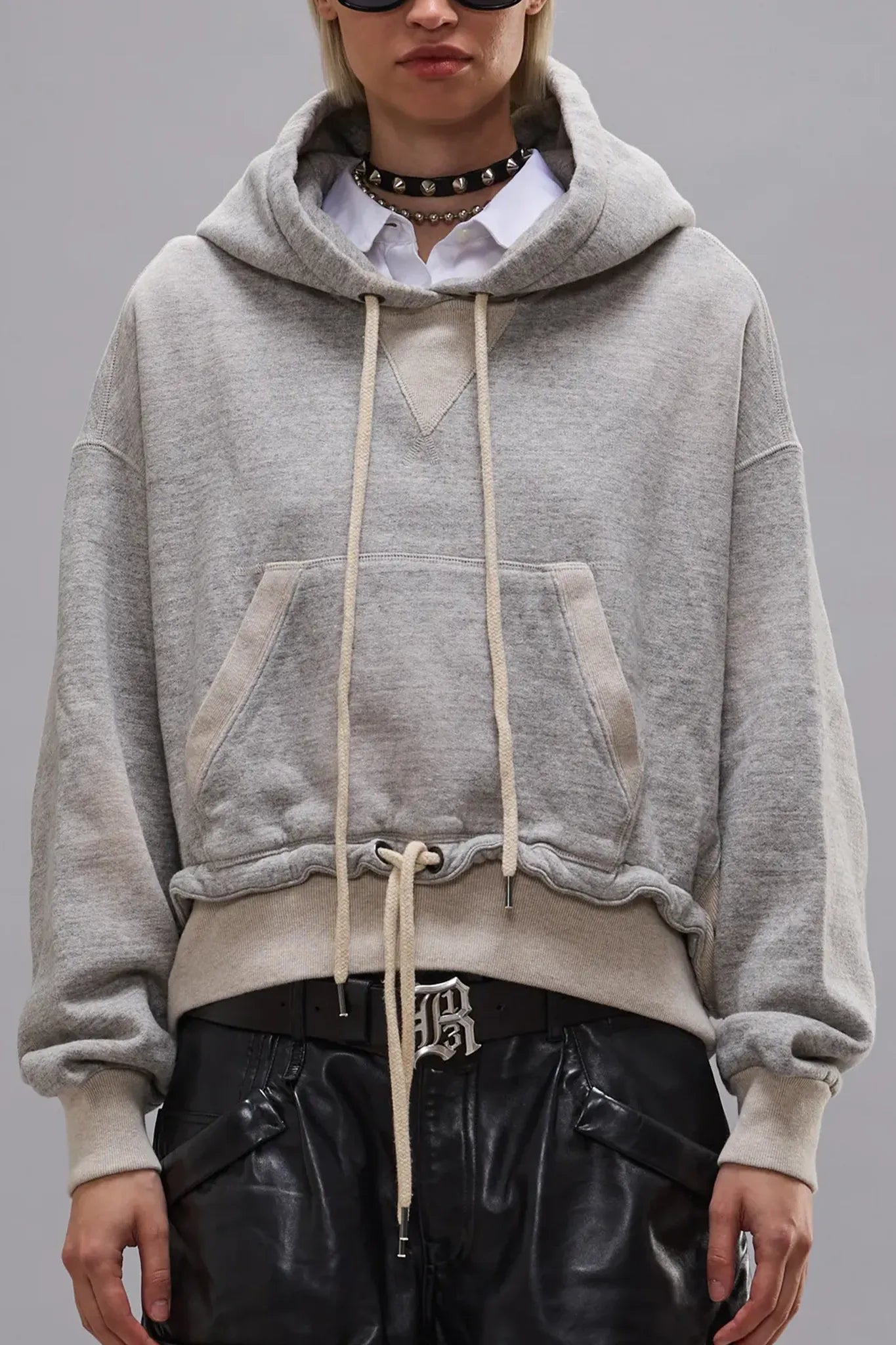 Hoodie Cinched Hem Popover in Heather Grey Oatmeal