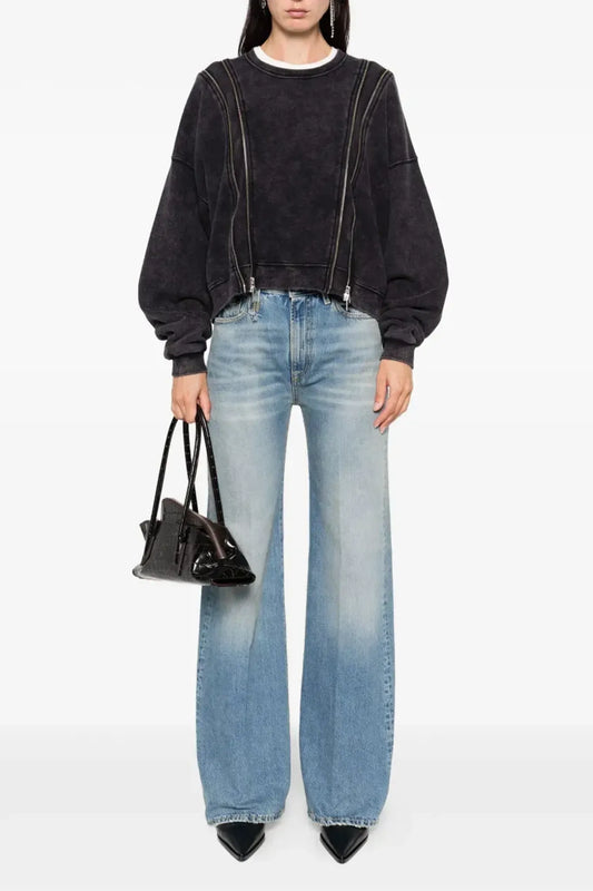 Sweat Shirt Zippered Crewneck in Washed Black