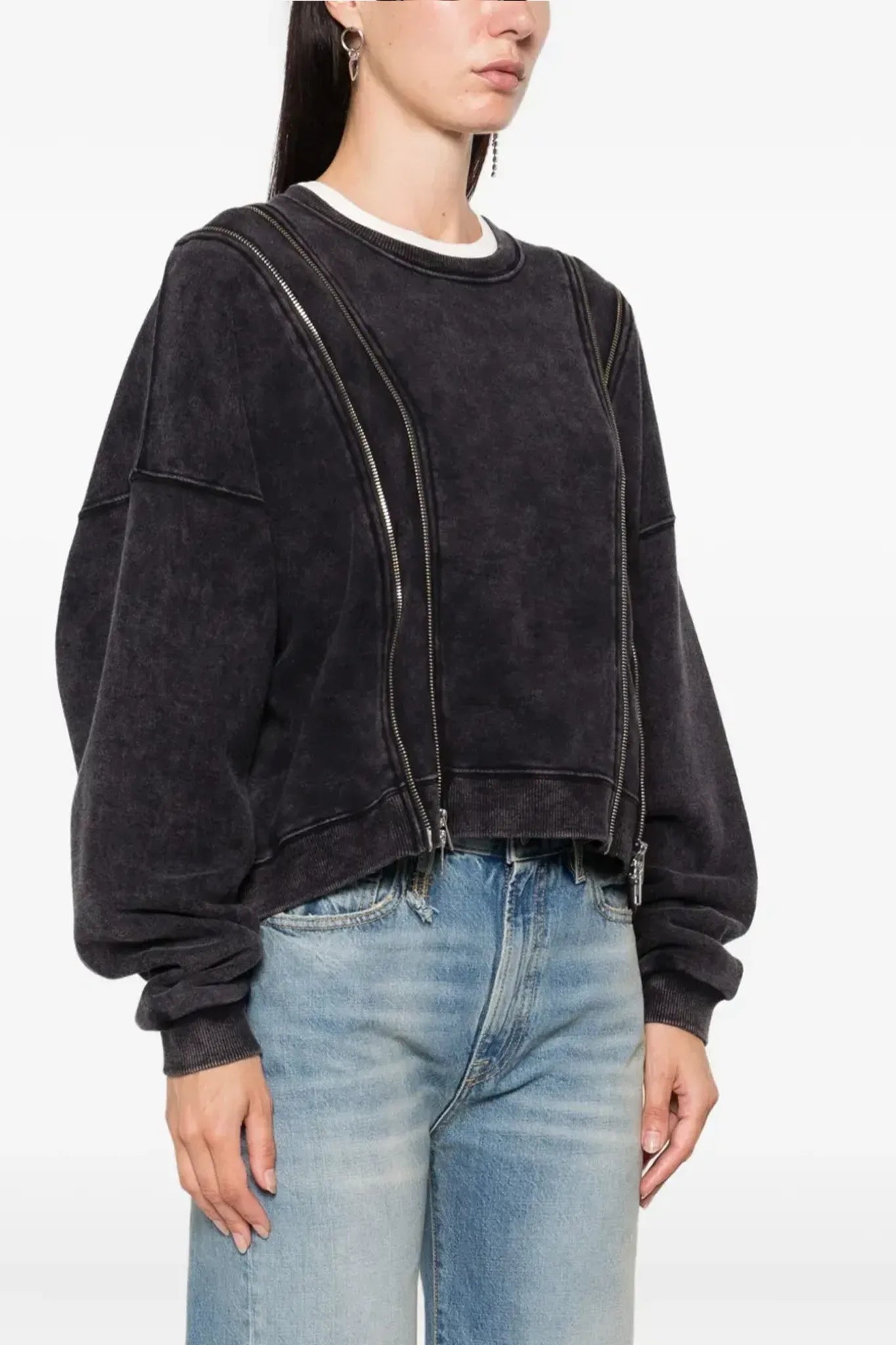 Sweat Shirt Zippered Crewneck in Washed Black