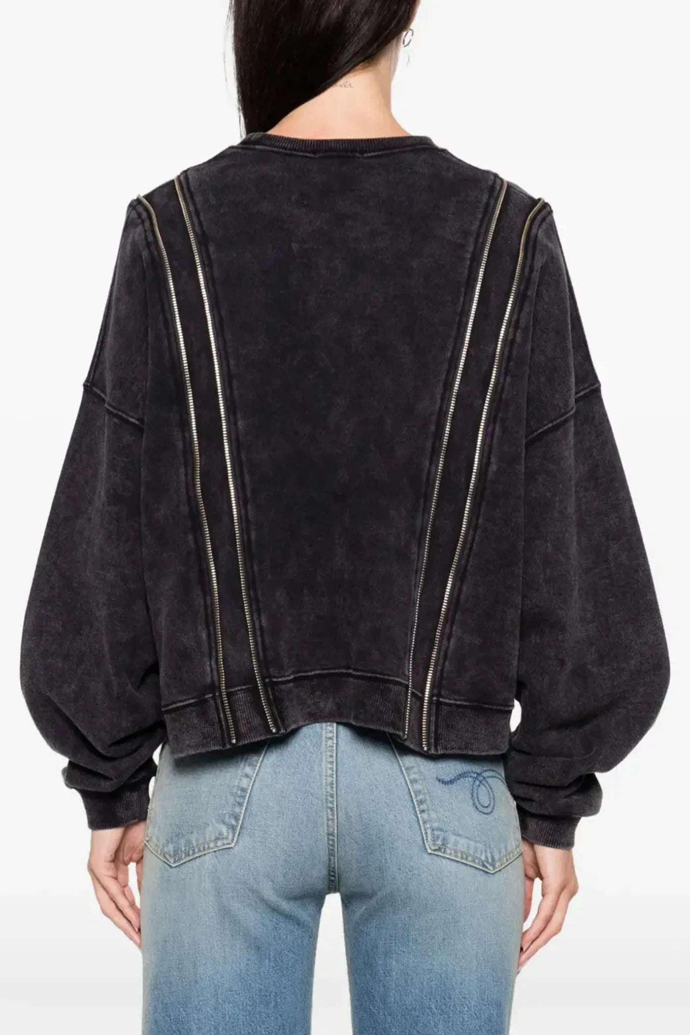 Sweat Shirt Zippered Crewneck in Washed Black