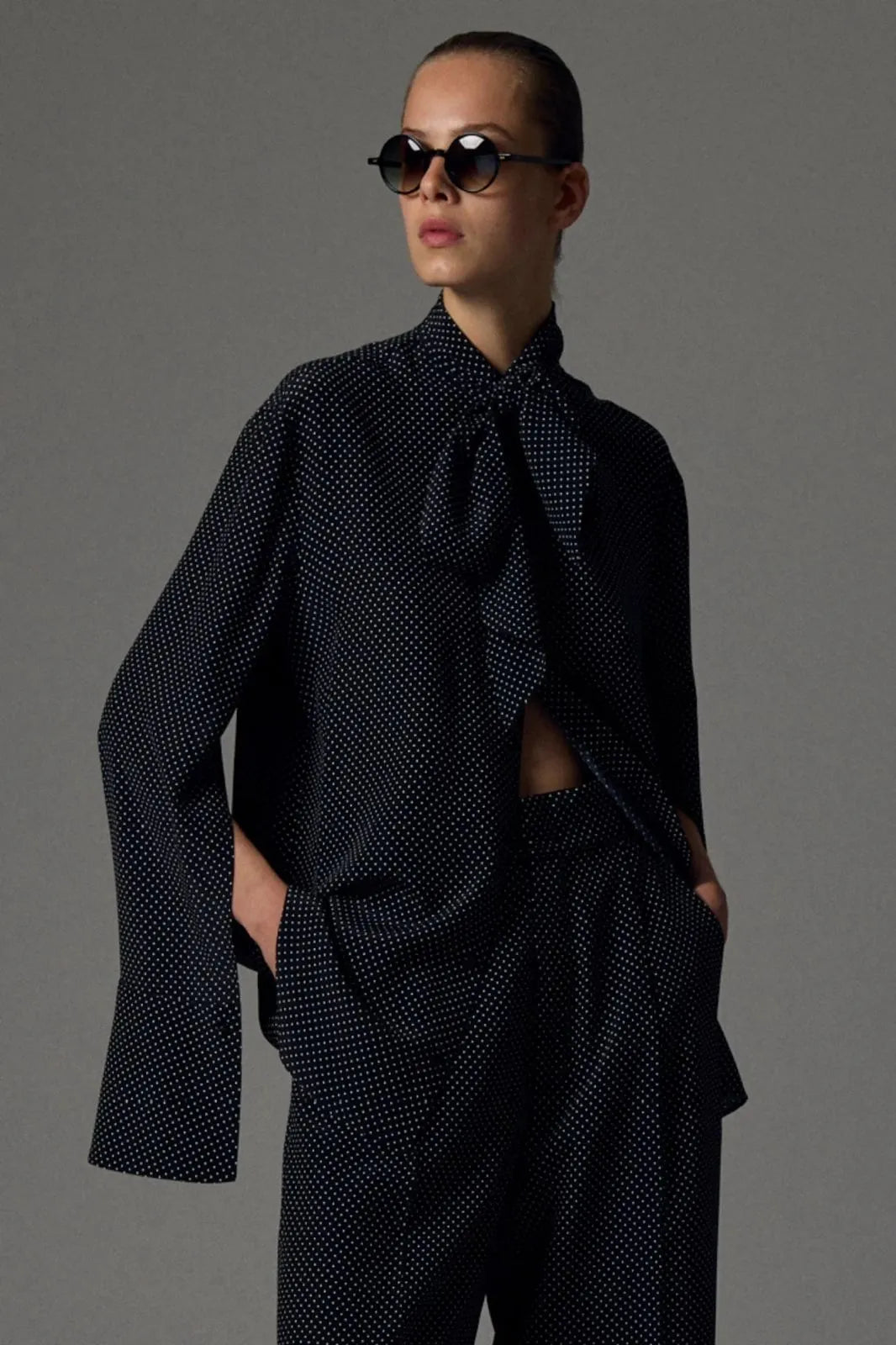 Shirt With Scarf in Black and White Micro Dots