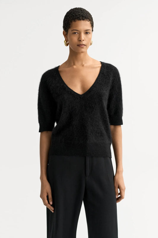 Shirt Brushed V-Neck  in Black