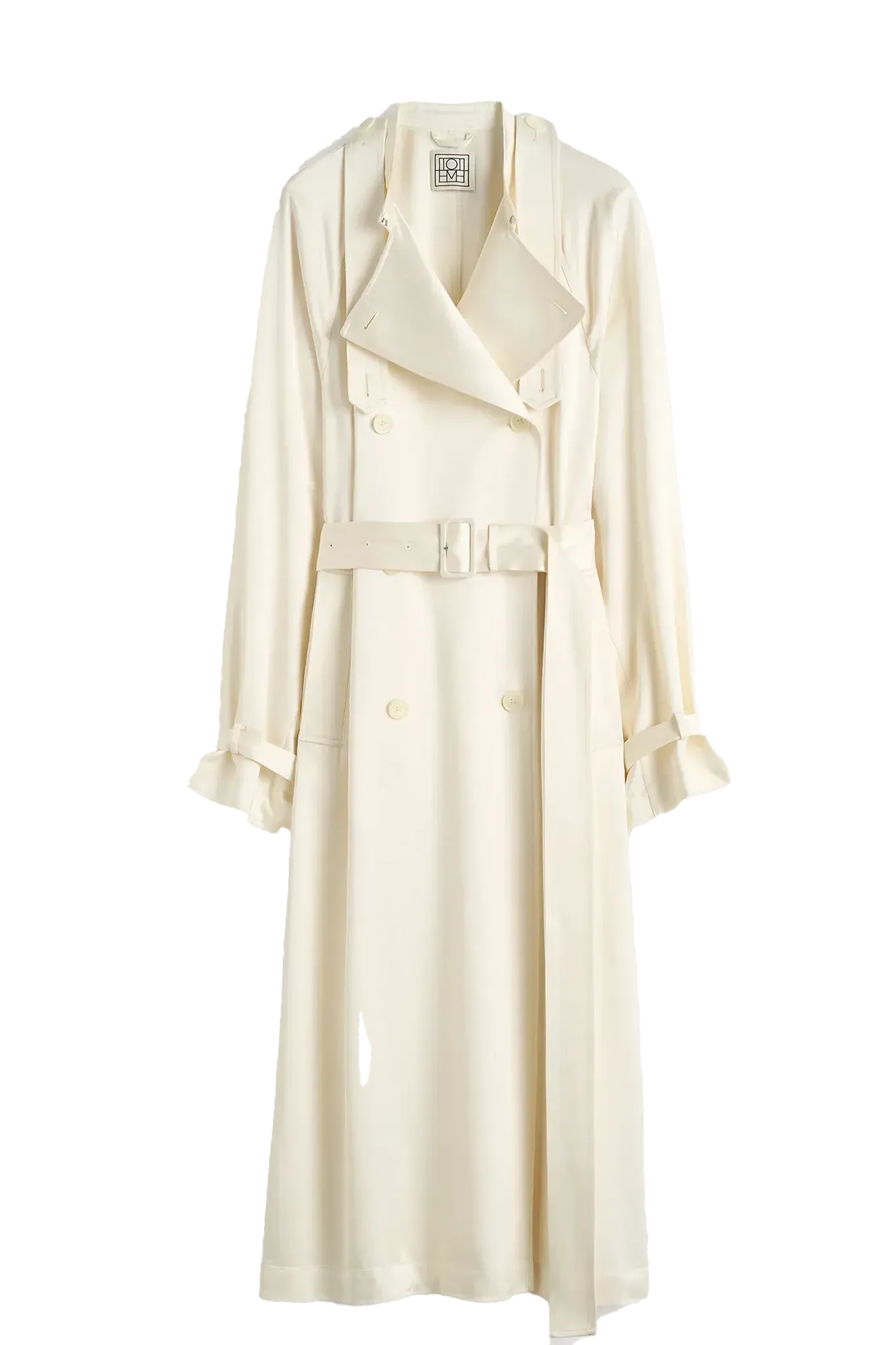 Mantel Draped Satin Trench in Off-White