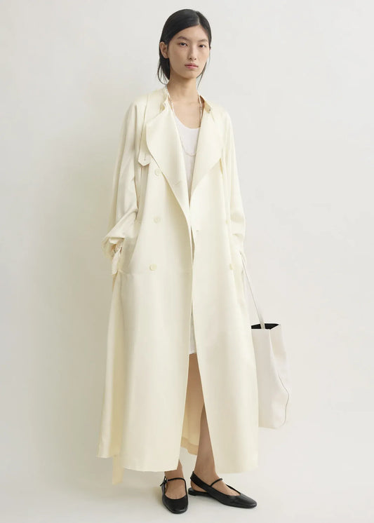 Mantel Draped Satin Trench in Off-White