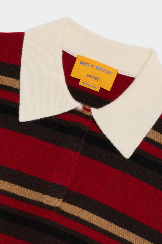 Cashmere Pullover Cropped Stripe Rugby in Ruby Combo
