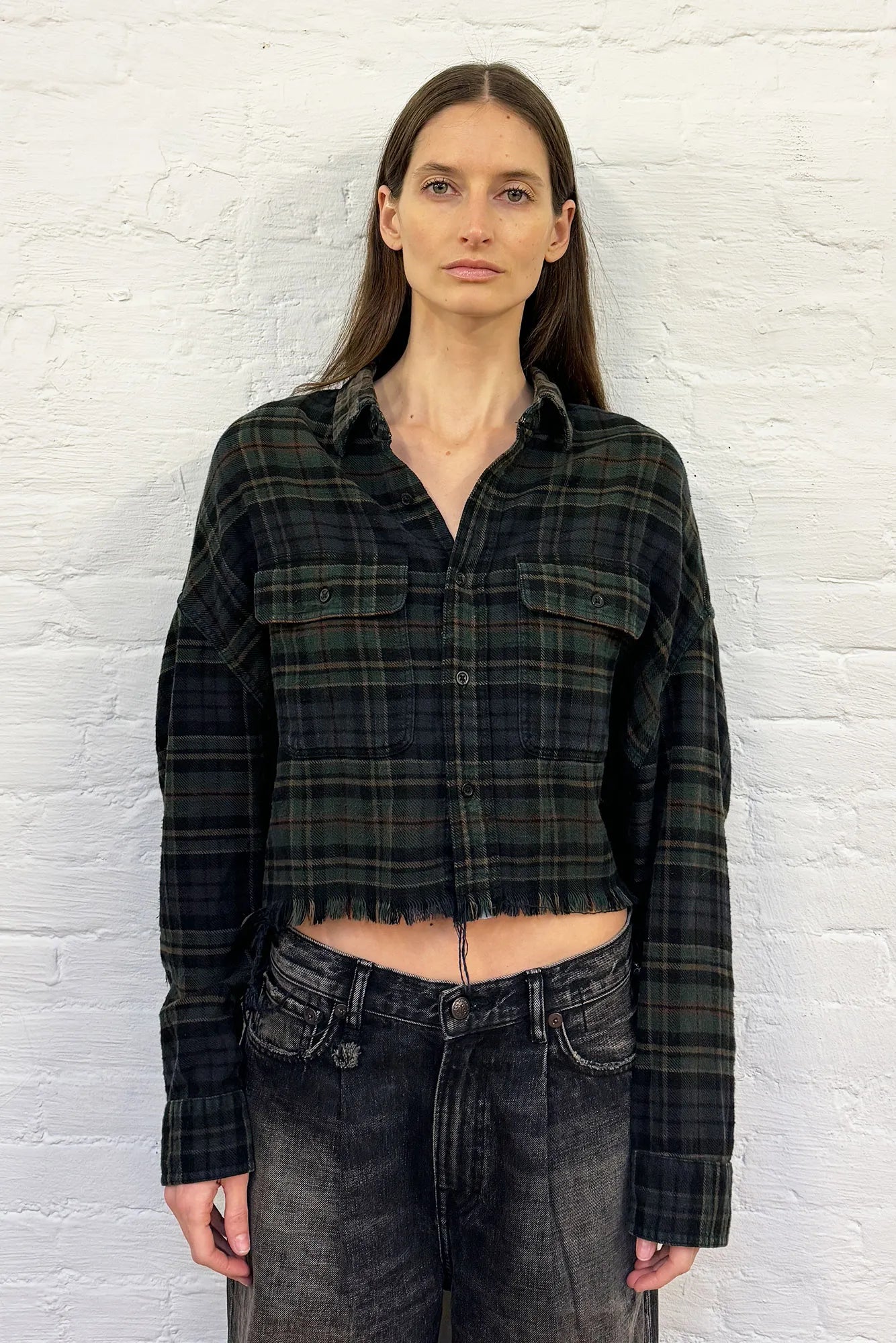 Shirt Cropped Work Overdyed in Teal Navy - Yellow Plaid Blue