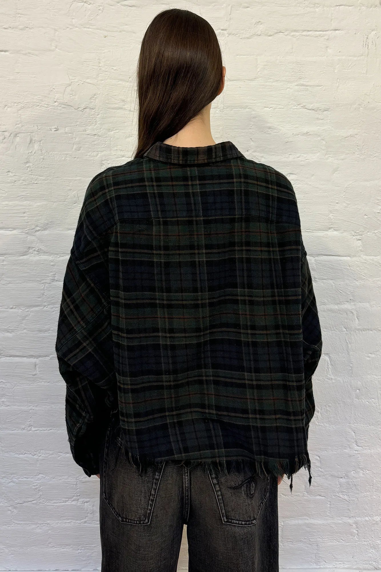 Shirt Cropped Work Overdyed in Teal Navy - Yellow Plaid Blue