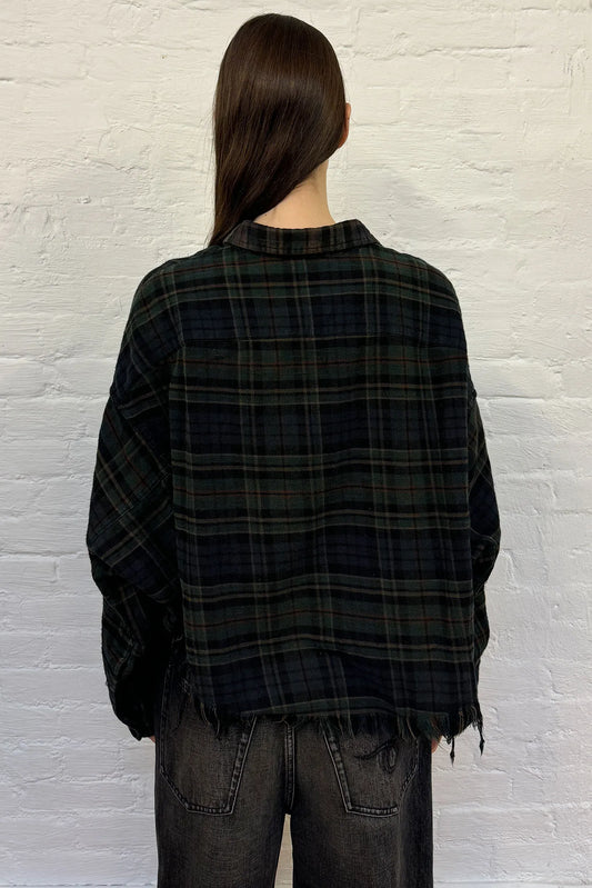 Shirt Cropped Work Overdyed in Teal Navy - Yellow Plaid Blue