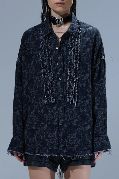 Shirt Shredded Seam Ruffle in Black Lace