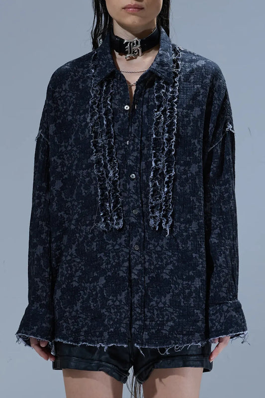 Shirt Shredded Seam Ruffle in Black Lace