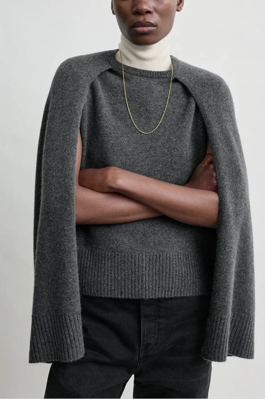 Pullover Crew Cape Knit in Dark Grey Melange